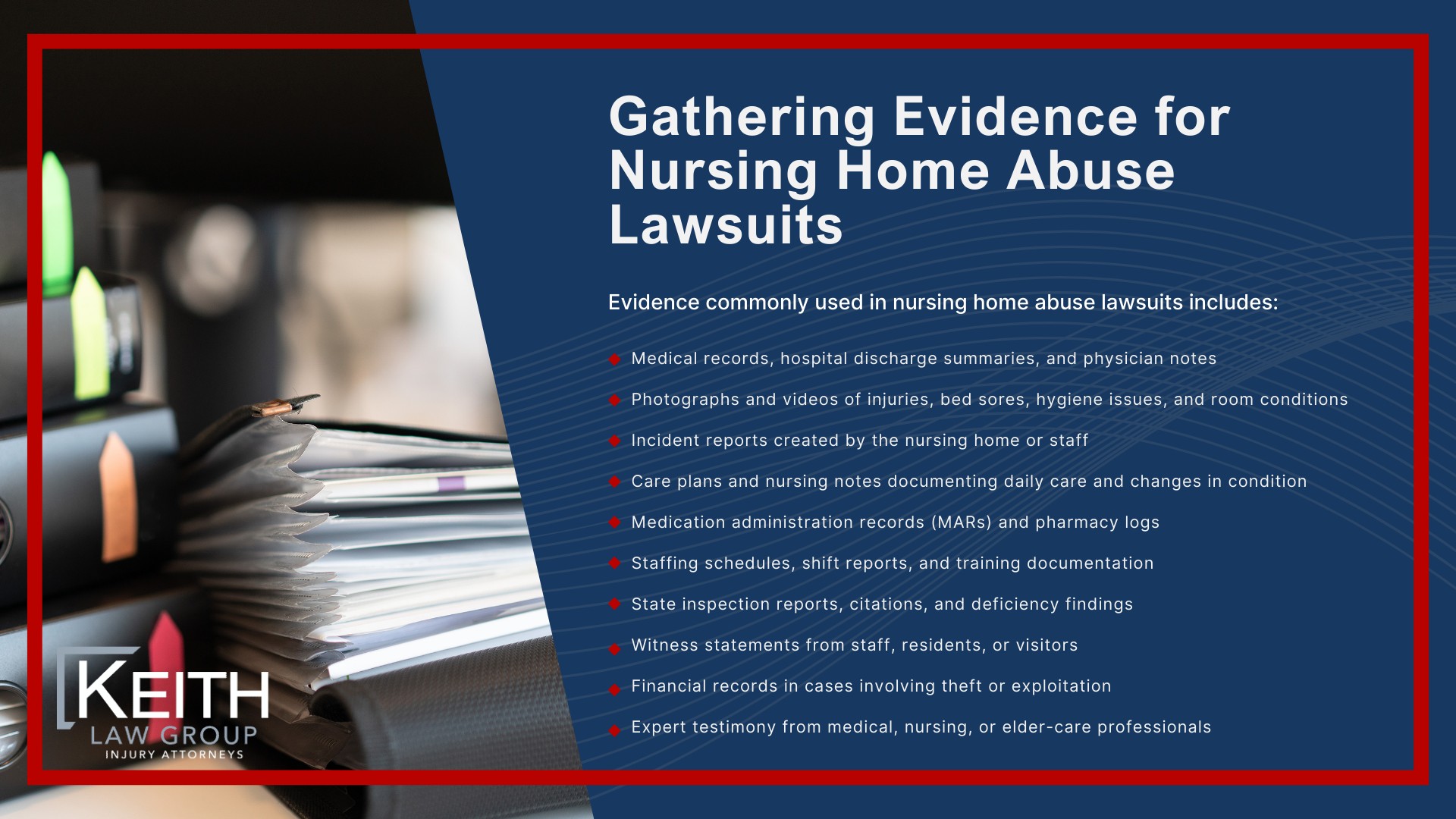 Our Nursing Home Abuse Lawyers Have Decades of Experience; Who Can File a Nursing Home Abuse Claim in Akransas; Why Families Choose Keith Law Group for Nursing Home Abuse Cases; Common Types of Nursing Home Abuse and Neglect; Warning Signs of Nursing Home Abuse, Neglect and Negligence; Serious Injuries Commonly Linked to Nursing Home Negligence; Steps to Take If You Suspect Nursing Home Abuse in Northwest Arkansas (2); Steps to Take If You Suspect Nursing Home Abuse in Northwest Arkansas; The Legal Process for a Nursing Home Abuse Lawsuit in Arkansas; Proving Liability in an Arkansas Nursing Home Abuse Case; Our Nursing Home Abuse Lawyers Have Decades of Experience; Who Can File a Nursing Home Abuse Claim in Akransas; Why Families Choose Keith Law Group for Nursing Home Abuse Cases; Common Types of Nursing Home Abuse and Neglect; Warning Signs of Nursing Home Abuse, Neglect and Negligence; Serious Injuries Commonly Linked to Nursing Home Negligence; Steps to Take If You Suspect Nursing Home Abuse in Northwest Arkansas (2); Steps to Take If You Suspect Nursing Home Abuse in Northwest Arkansas; The Legal Process for a Nursing Home Abuse Lawsuit in Arkansas; Proving Liability in an Arkansas Nursing Home Abuse Case; Gathering Evidence for Nursing Home Abuse Lawsuits