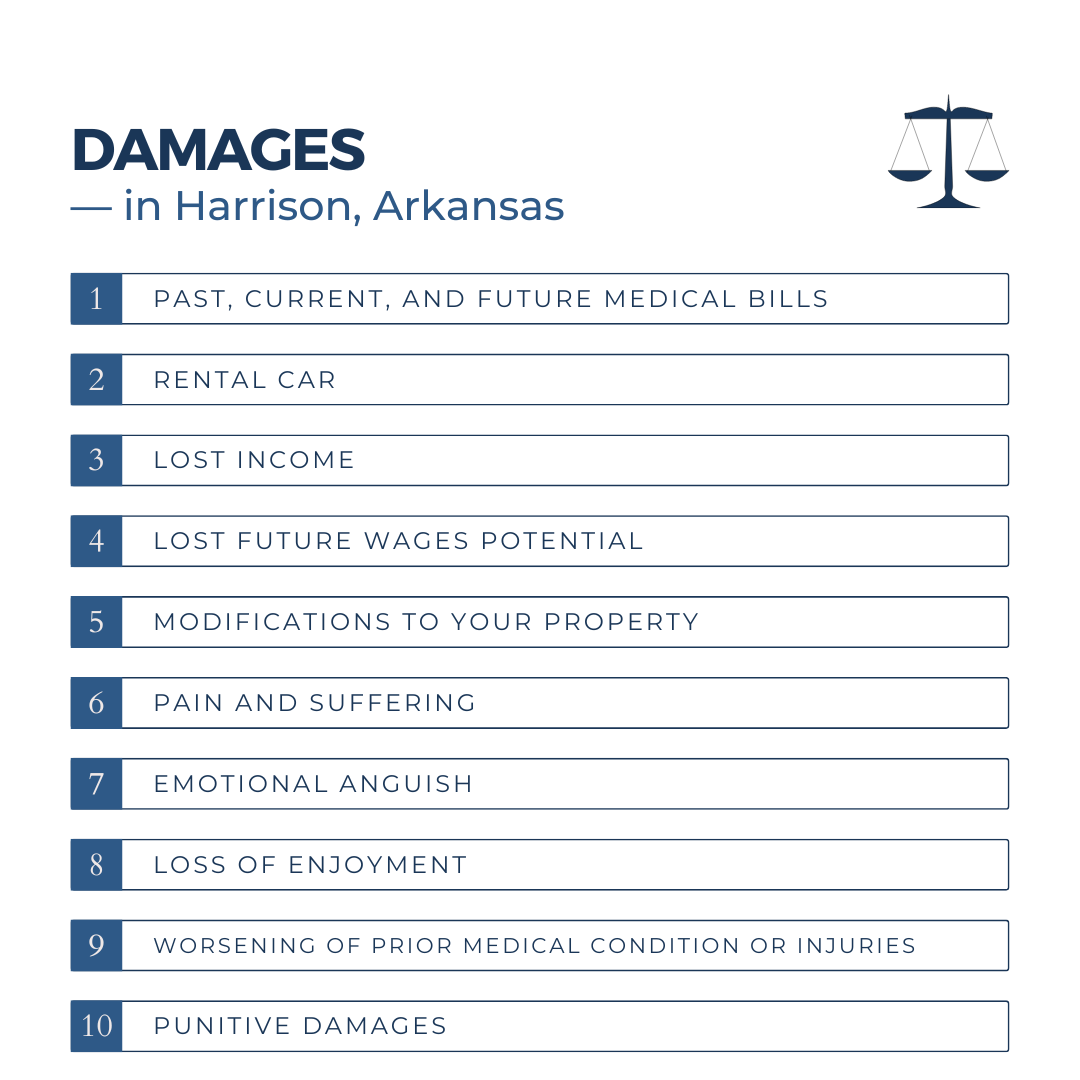 What type of damages can I recover for an auto accident case in Harrison Arkansas?