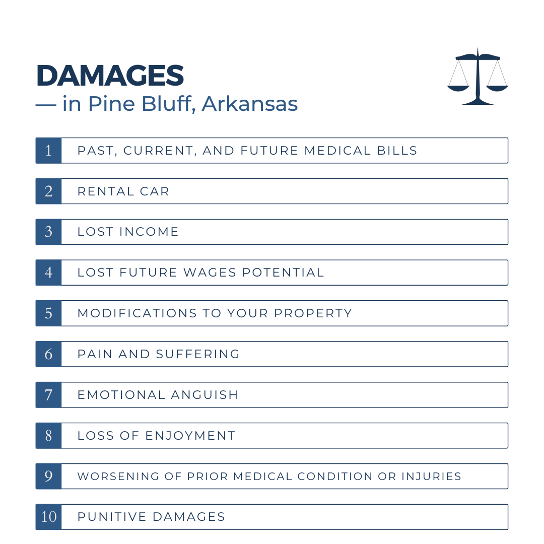 What type of damages can I recover for an auto accident case in Pine Bluff Arkansas?