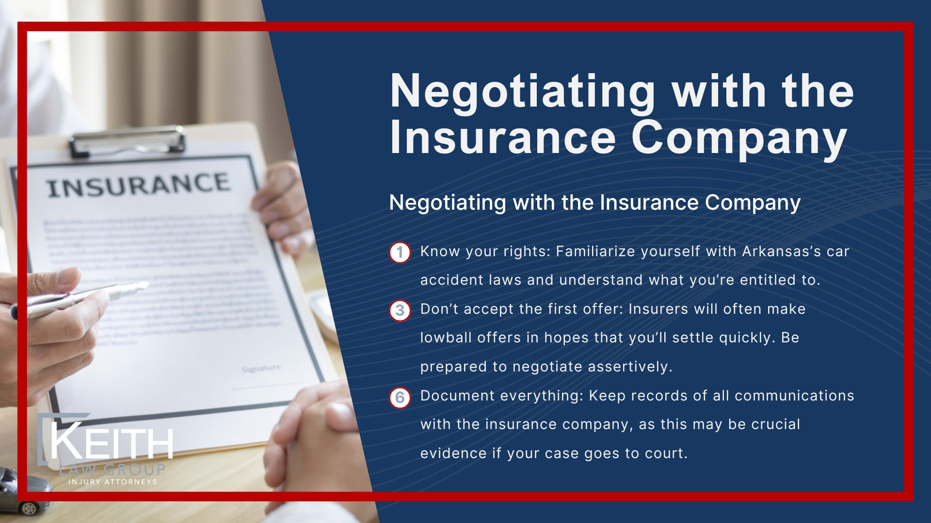 Common Arkansas Car Accidents and Their Causes; Rear-end Collisions; T-bone Accidents at Intersections; Head-on Crashes on Highways; Distracted Driving Incidents; Distracted Driving Incidents (2); Reporting a Car Accident and Hiring a Lawyer in Arkansas; Legal Requirement to Report Accidents; Gathering Evidence at the Scene; Finding an Experienced Attorney; Initial Consultation with a Lawyer; Assessing Case Strength; Filing Deadlines and Settlement Timelines in Arkansas Car Accident Lawsuits; Statute of Limitations_ 3 Years; Exceptions to Filing Deadlines; Common Arkansas Car Accidents and Their Causes; Rear-end Collisions; T-bone Accidents at Intersections; Head-on Crashes on Highways; Distracted Driving Incidents; Distracted Driving Incidents (2); Reporting a Car Accident and Hiring a Lawyer in Arkansas; Legal Requirement to Report Accidents; Gathering Evidence at the Scene; Finding an Experienced Attorney; Initial Consultation with a Lawyer; Assessing Case Strength; Filing Deadlines and Settlement Timelines in Arkansas Car Accident Lawsuits; Statute of Limitations_ 3 Years; Exceptions to Filing Deadlines; Negotiating with the Insurance Company