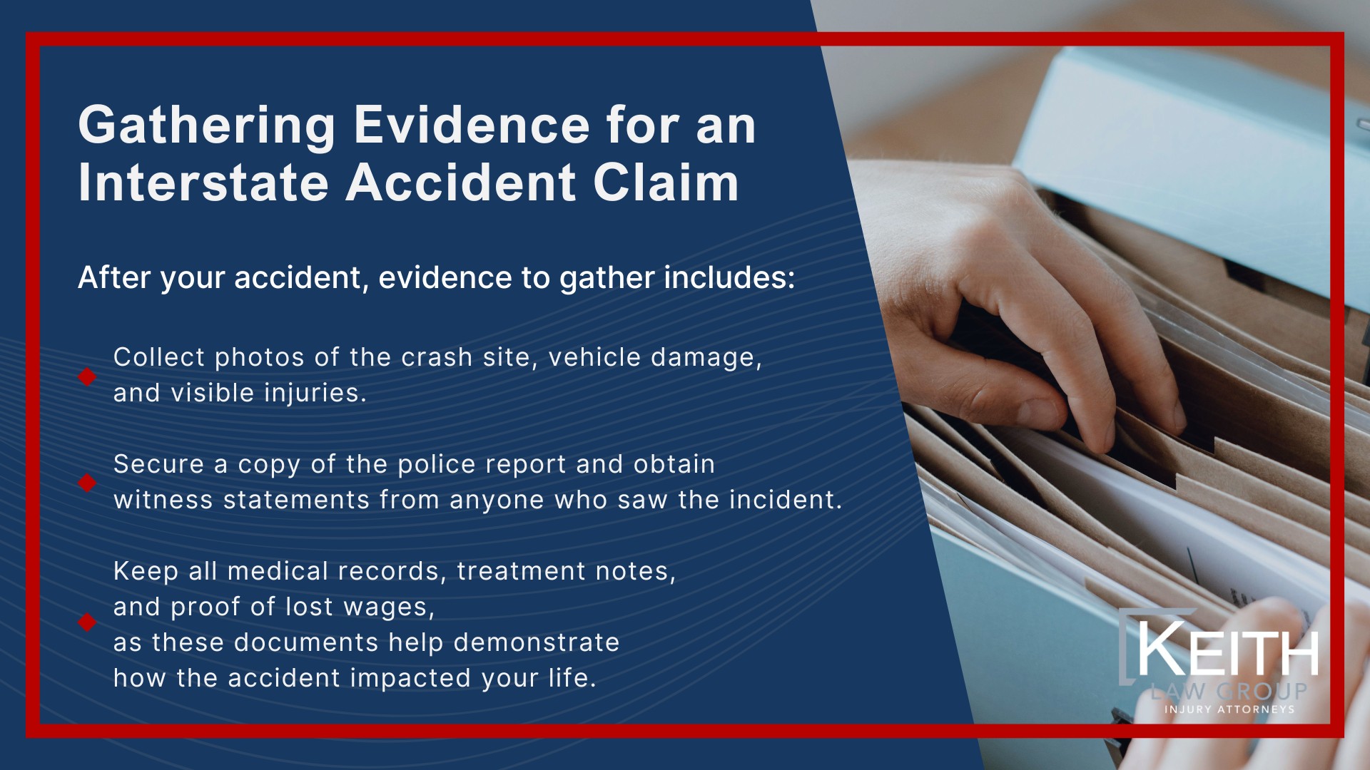How Can Our Little Rock Interstate Accident Attorney's Help You; How Much Does It Cost To Hire An Interstate Accident Attorney From Keith Law Group; Meet Our Team of Little Rock Interstate Accident Attorneys; Personalized Client Care Through Dedicated Communication; What To Do After An Interstate Accident in Little Rock; Gathering Evidence for an Interstate Accident Claim