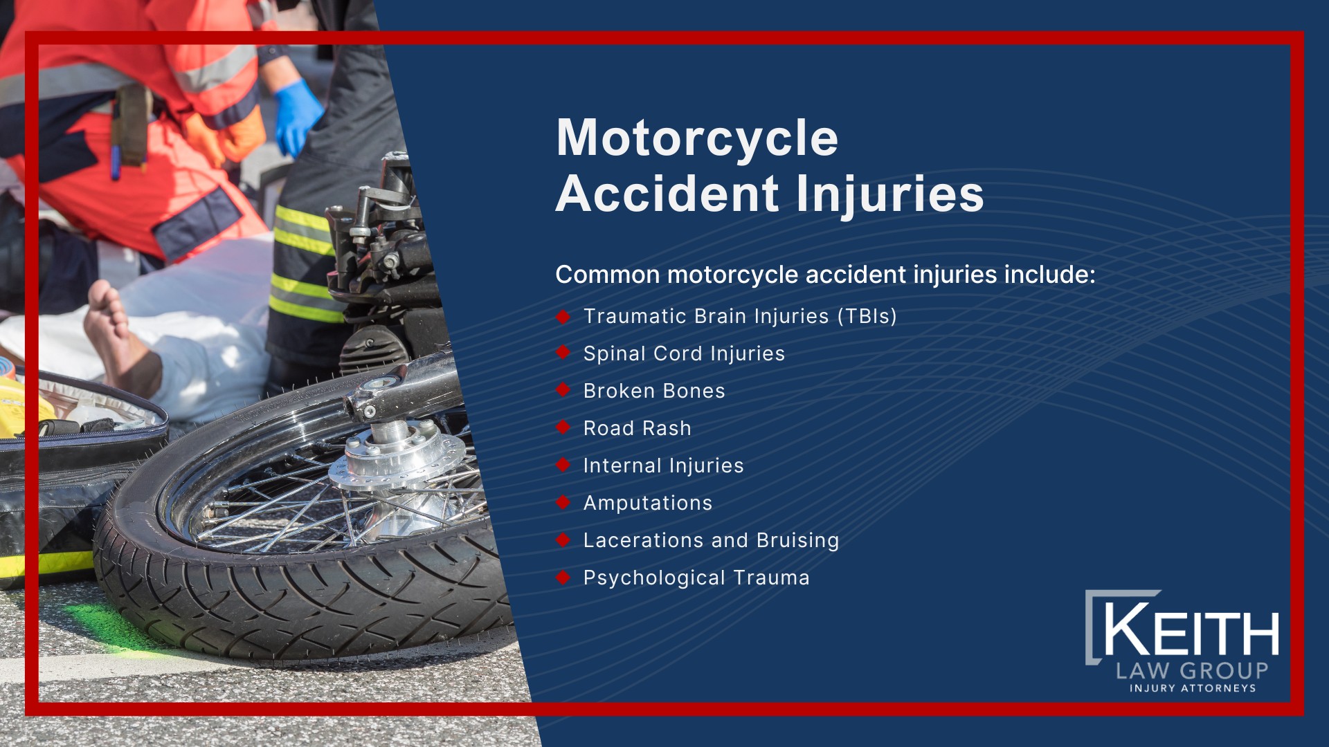 Our Experienced Berryville Motorcycle Accident Lawyers are Prepared to Help You; Meet the Bentonville, Arkansas Motorcycle Accident Lawyers at Keith Law Group; Sean Keith; Brynna Barnica; What To Do After a Motorcycle Crash in Bella Vista, Arkansas; Common Evidence in Motorcycle Accident Cases; Common Damages in a Motorcycle Accident Case; The Legal Process for Motorcycle Accident Claims in Arkansas; Types and Causes of Motorcycle Accidents; Motorcycle Accident Injuries