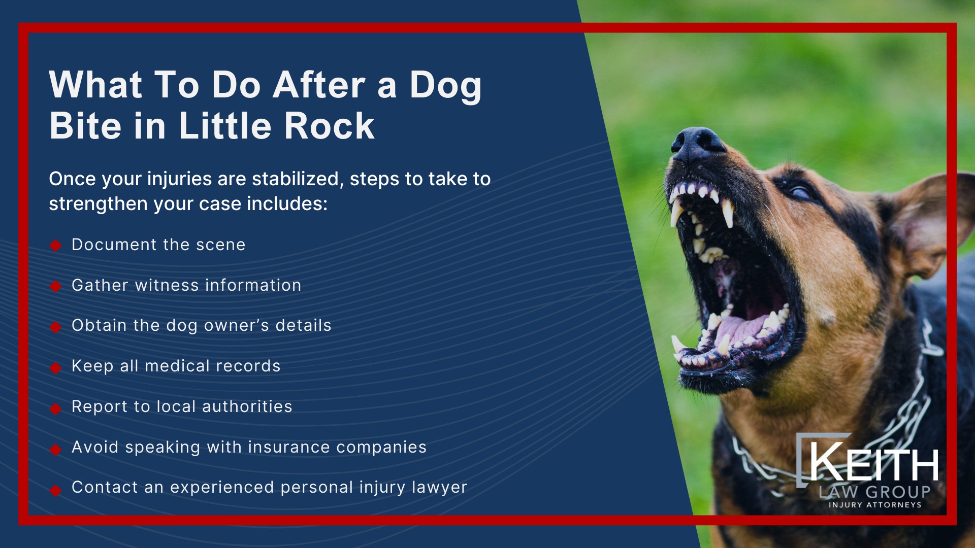 How Can Our Little Rock Dog Bite Attorney's Help You?; How Much Does It Cost To Hire a Dog Bite Attorney From Keith Law Group; Meet Our Team of Little Rock Dog Bite Attorneys; Personalized Client Care Through Dedicated Communication; What To Do After a Dog Bite in Little Rock