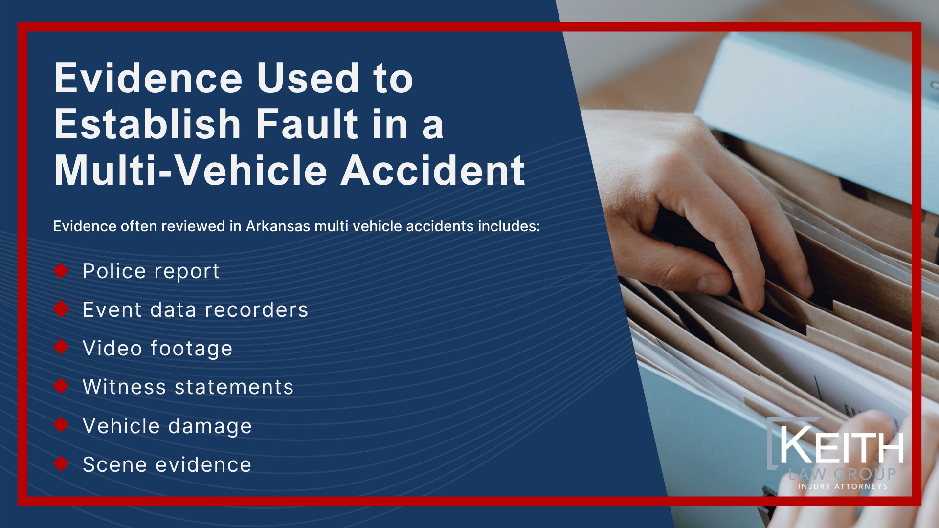 How Multi-Vehicle Crashes Happen in Arkansas; Common Causes of Multi-Vehicle Crashes in Arkansas; Common Injuries in Multi-Vehicle Crashes; Why Injuries Are Often Severe in Multi-Vehicle Crashes; Arkansas Several Liability Law in Multi-Vehicle Accidents; Arkansas Modified Comparative Fault Rules; How Fault Is Determined in a Multi-Vehicle Crash; Evidence Used to Establish Fault in a Multi-Vehicle Accident