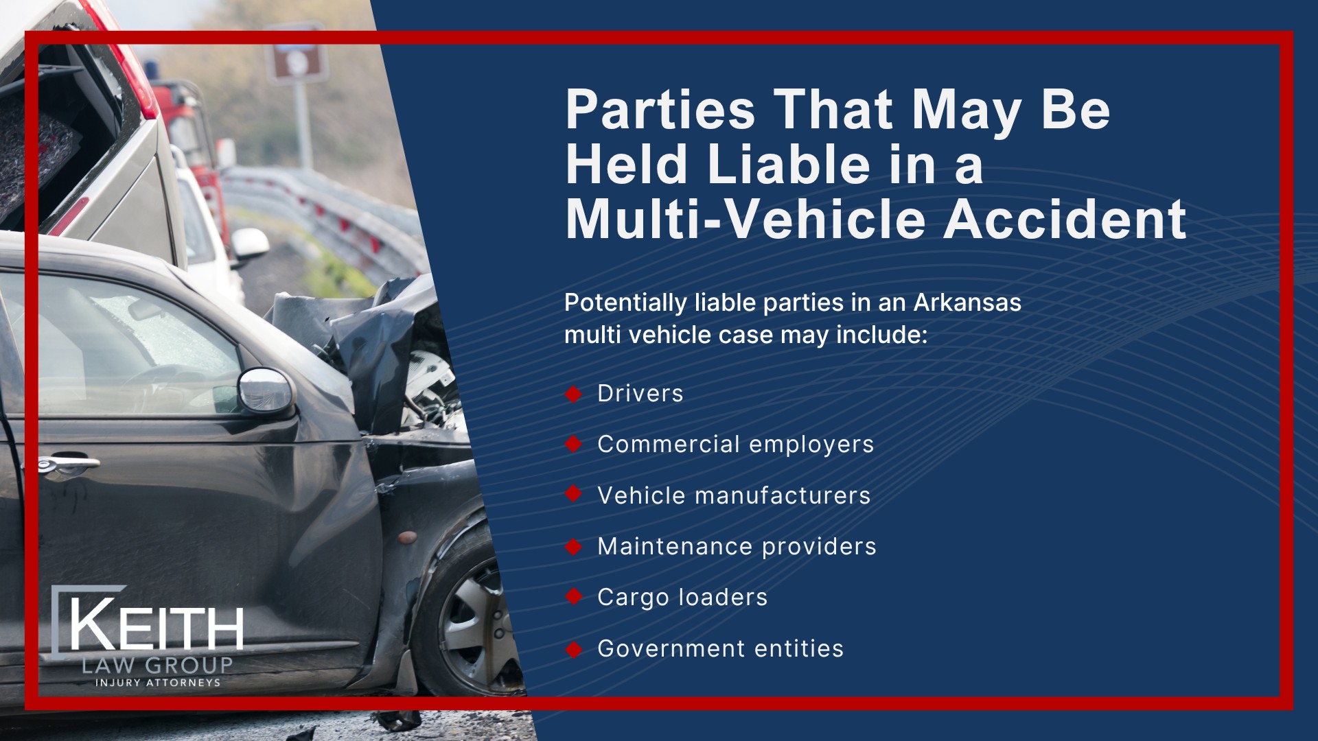 How Multi-Vehicle Crashes Happen in Arkansas; Common Causes of Multi-Vehicle Crashes in Arkansas; Common Injuries in Multi-Vehicle Crashes; Why Injuries Are Often Severe in Multi-Vehicle Crashes; Arkansas Several Liability Law in Multi-Vehicle Accidents; Arkansas Modified Comparative Fault Rules; How Fault Is Determined in a Multi-Vehicle Crash; Evidence Used to Establish Fault in a Multi-Vehicle Accident; Parties That May Be Held Liable in a Multi-Vehicle Accident